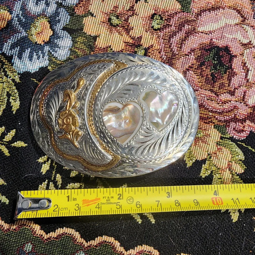 Vintage Belt Buckle Floral Flower Western Scroll and Mother of Pearl Hearts